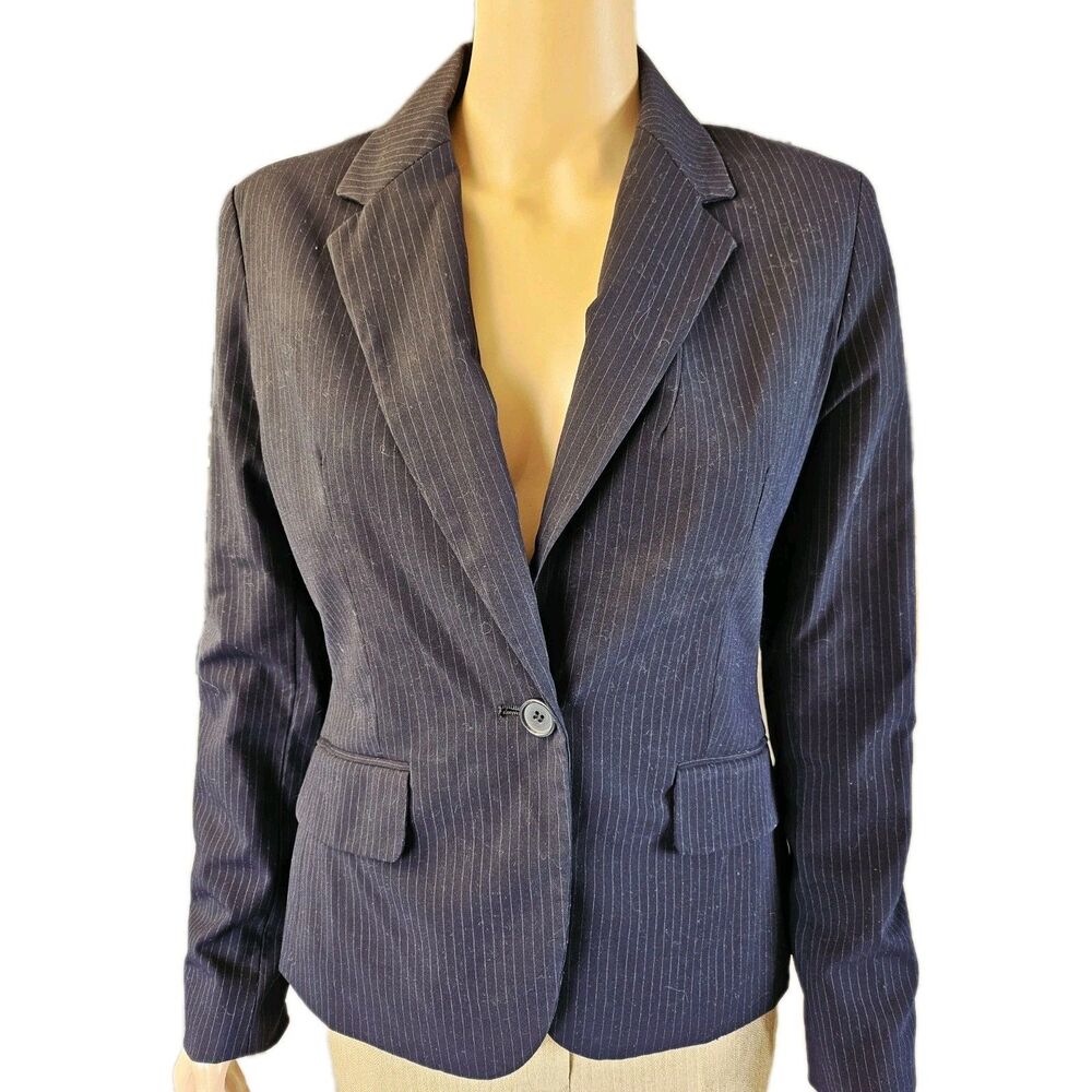 New York & Company Navy Blue Pinstripe Single Button Blazer Size 4